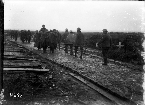 New Zealand troops move down a corduroy road near Gravenstafel, early on the morning of 4 October 1917, at the start of the New Zealand Division's involvement in the Third Ypres offensive. 